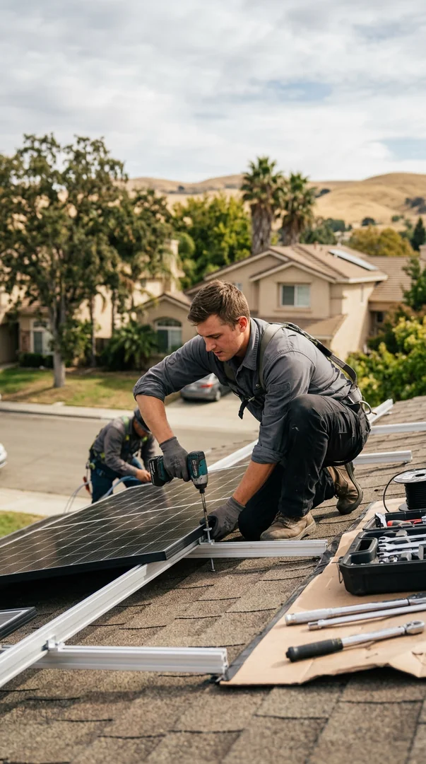 Detailed check of panel mounting hardware and sealant on a residential solar system in Tracy