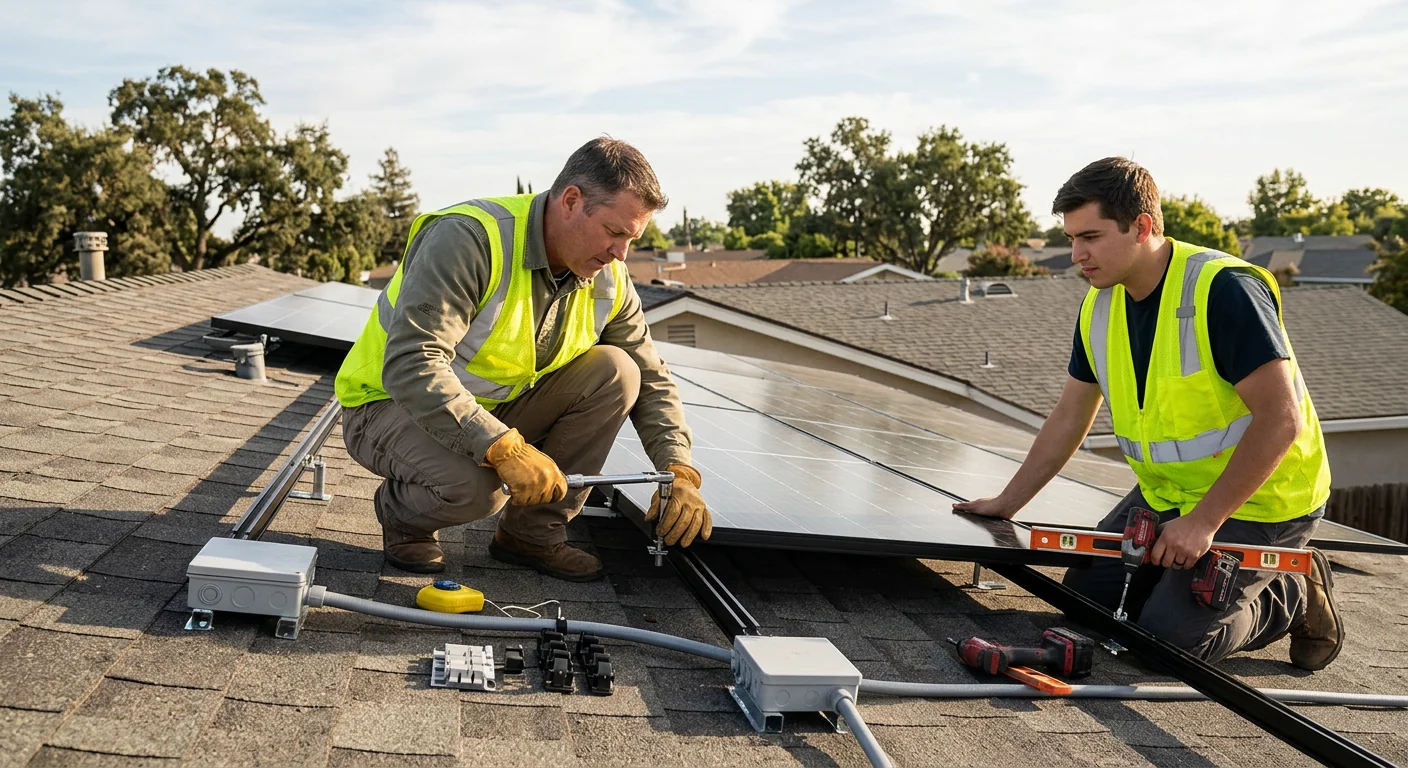 Technician inspecting rooftop solar array for wear in Tracy