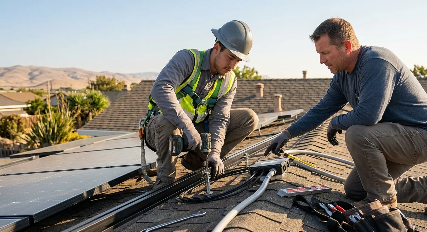 Technician logging a solar service request at a Tracy office desk
