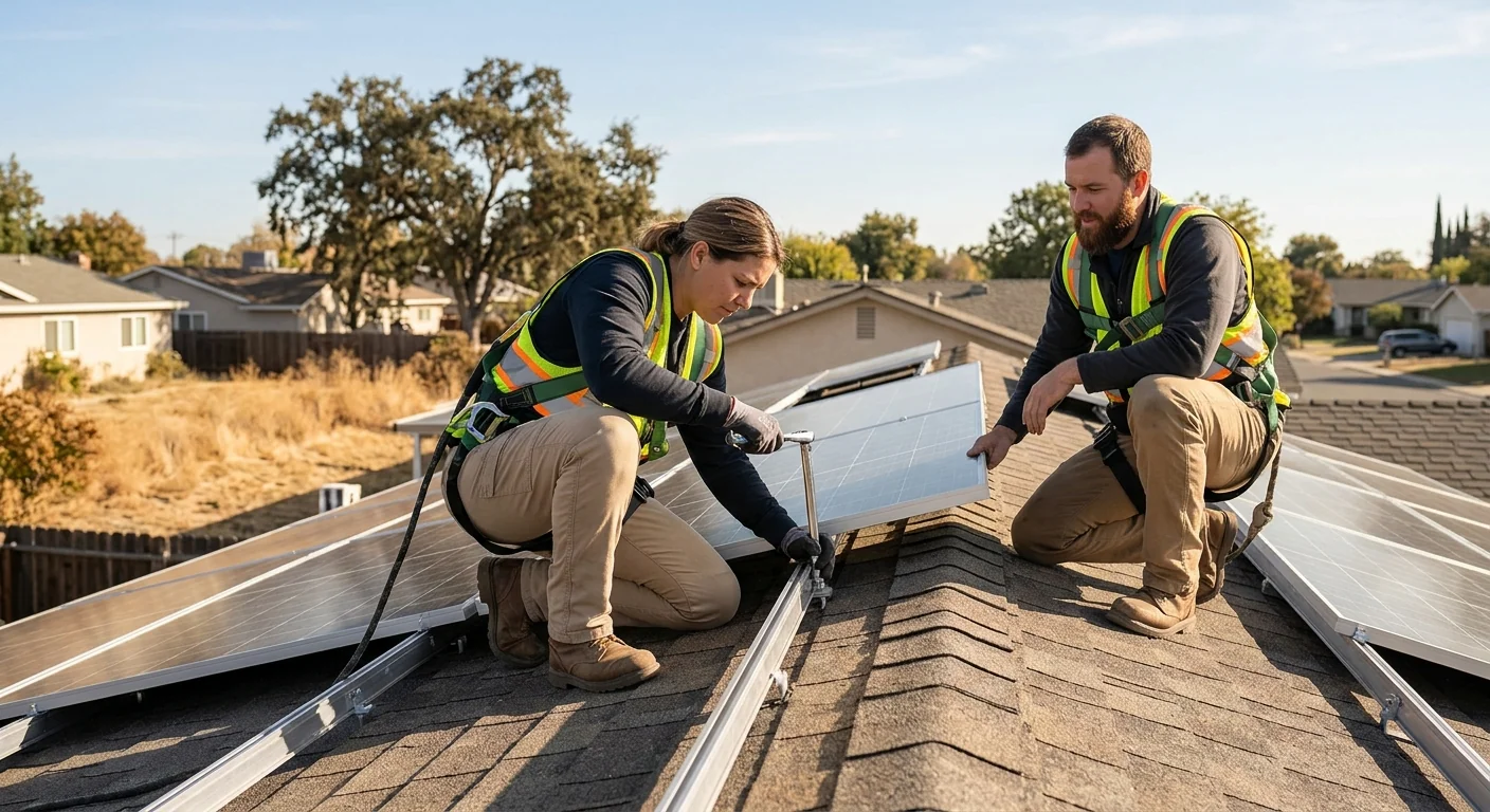 Solar technician verifying rail hardware torque during a careful rooftop panel installation in Tracy