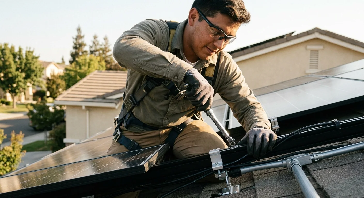 Solar technician inspecting rooftop panel array on a Tracy home during installation