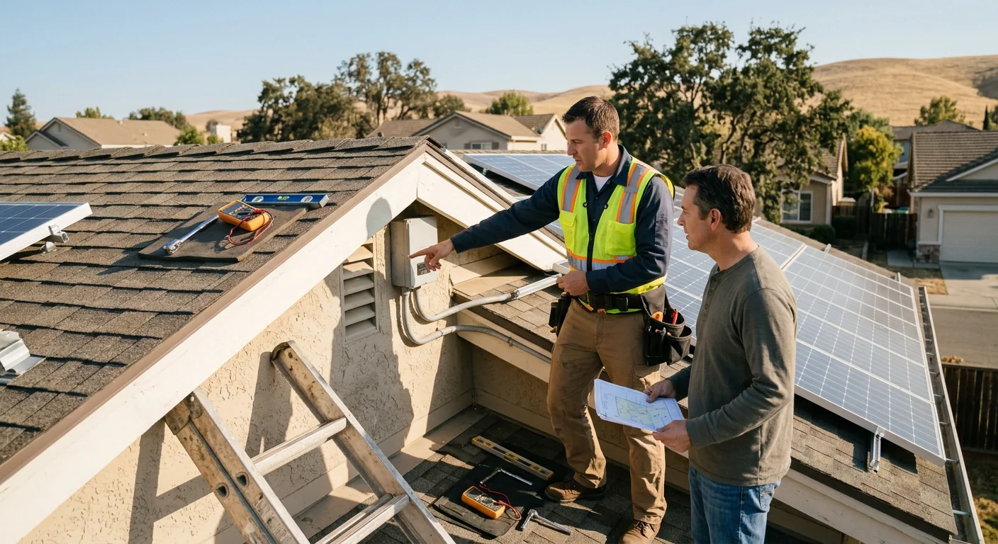 Technician reviewing solar inverter readings during a maintenance assessment on a Tracy rooftop
