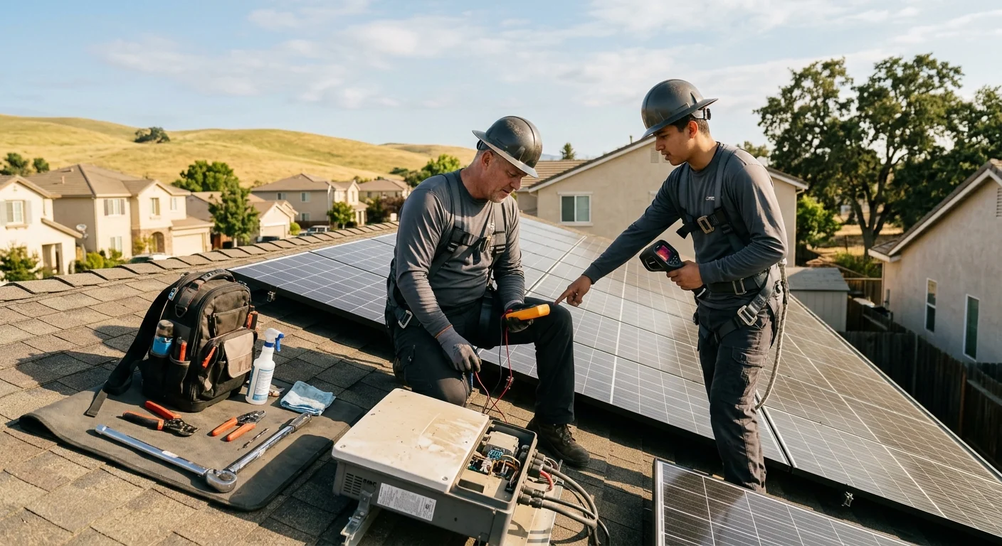 Solar technician inspecting rooftop panels and inverter during maintenance visit in Tracy