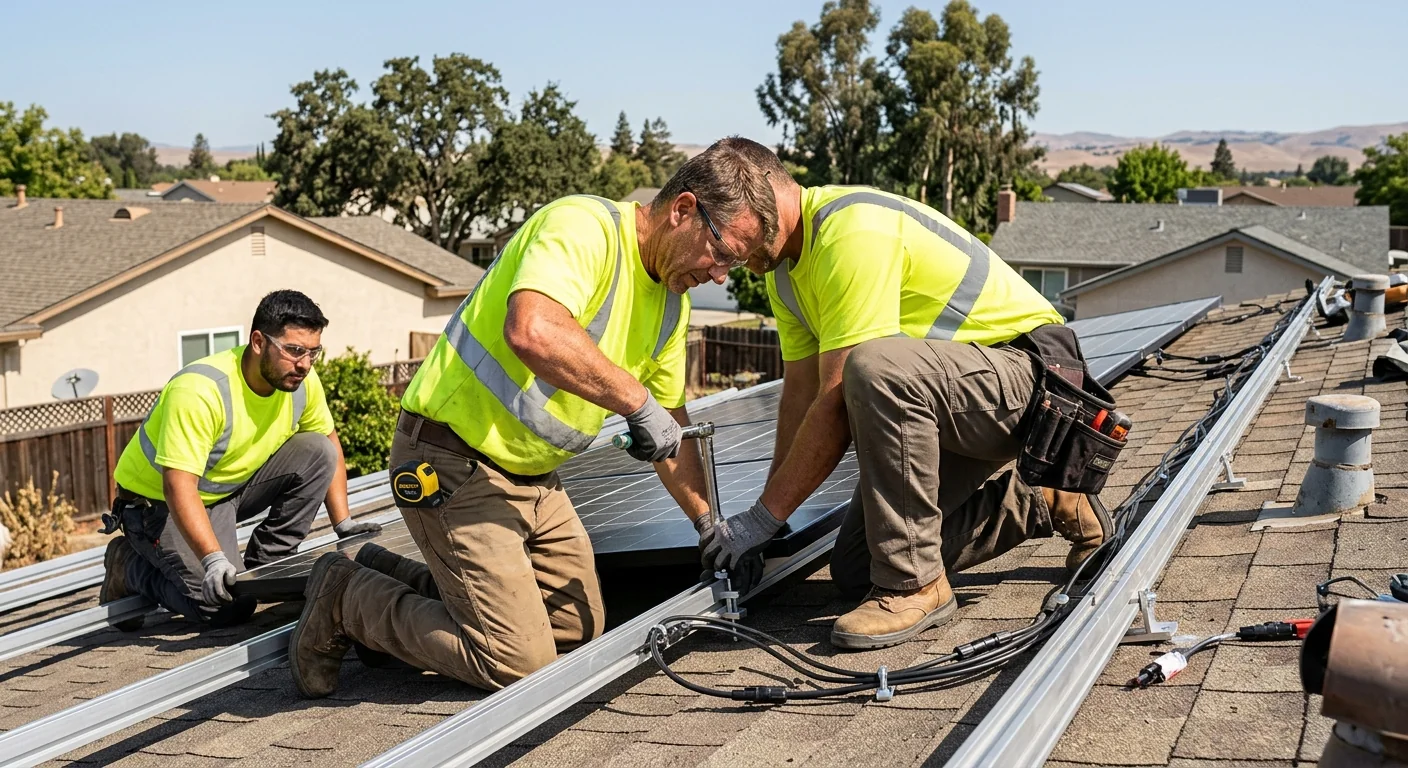 Technician inspecting rooftop solar array during maintenance in Tracy