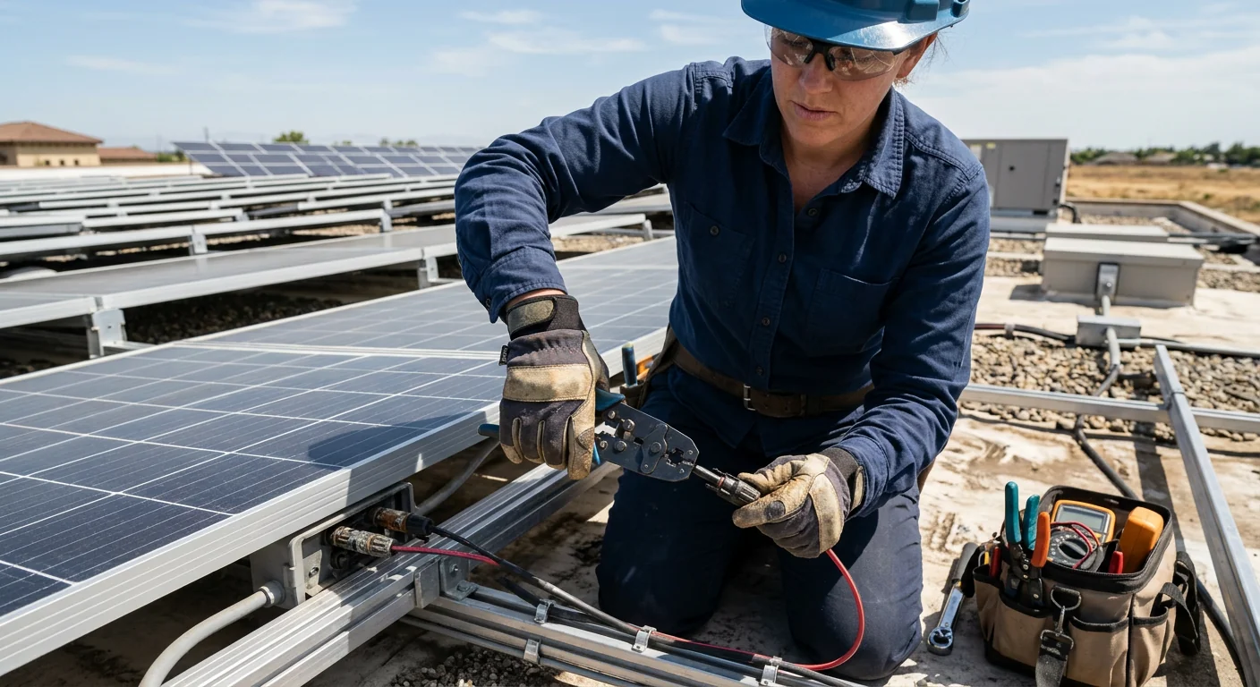 Close-up of a technician replacing a corroded MC4 connector on a rooftop solar array