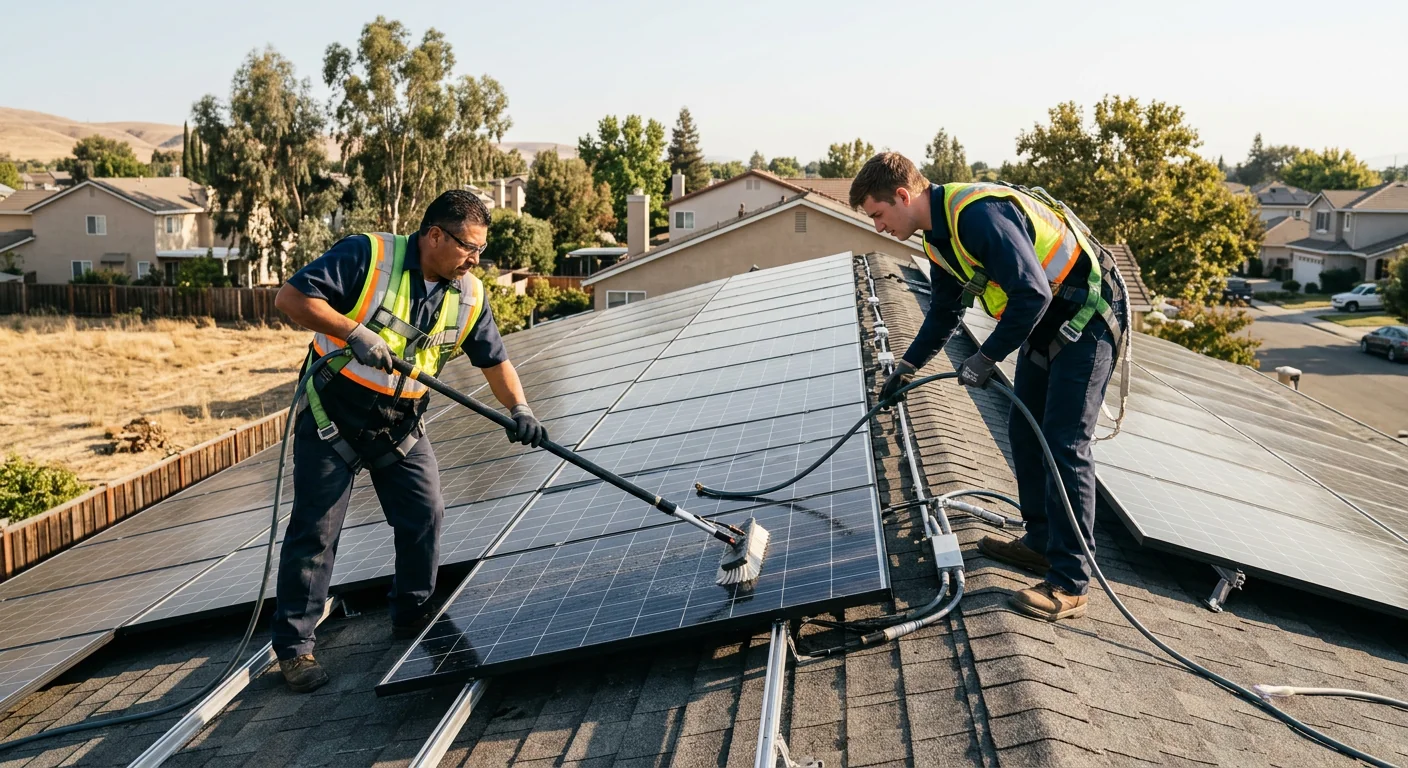 Wide shot of a residential solar array being cleaned on a Tracy rooftop