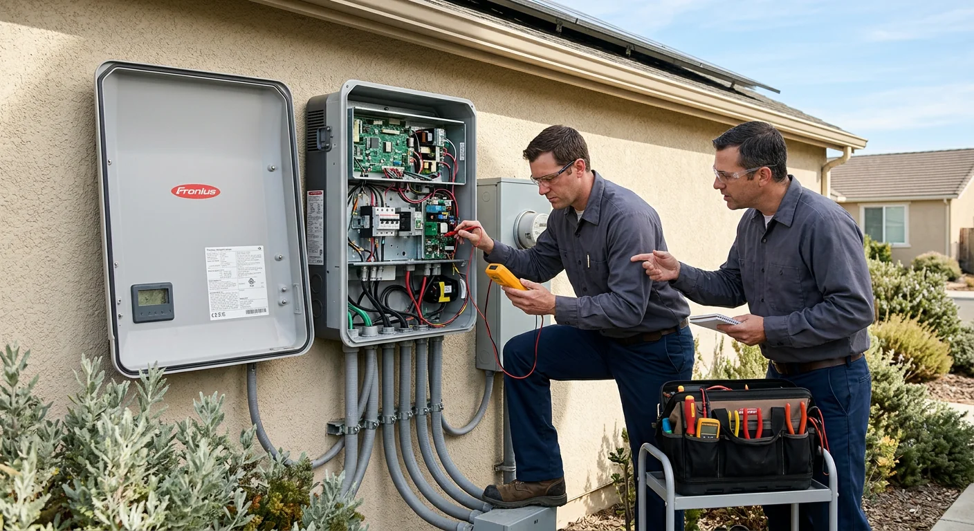 Inverter panel opened for fault diagnostics during a solar maintenance visit