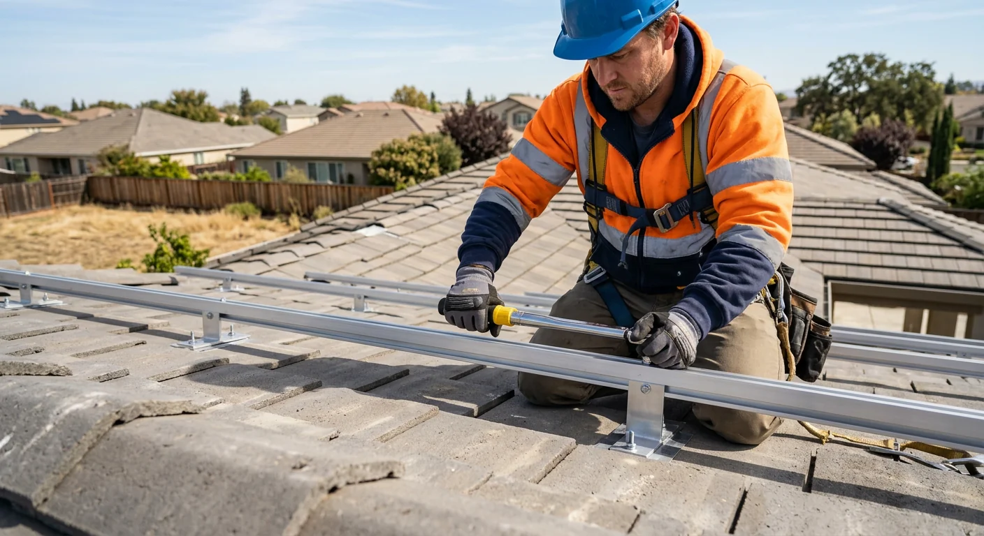 Worker torque-checking mounting rail hardware on a tile roof solar installation