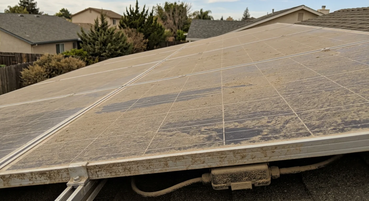 Before-context view of a dust-covered solar panel awaiting maintenance cleaning
