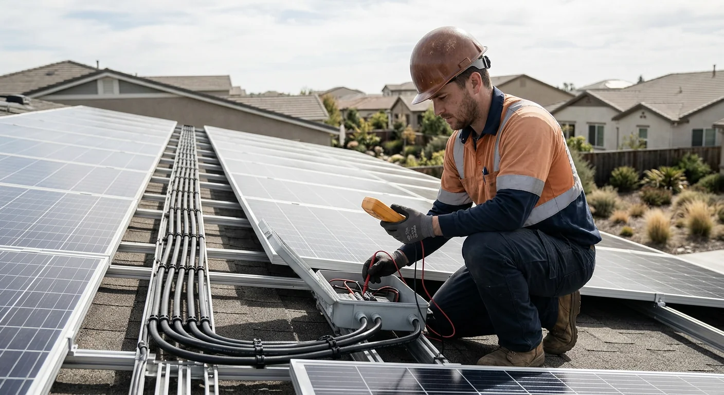 String wiring being tested with a meter on a residential solar system
