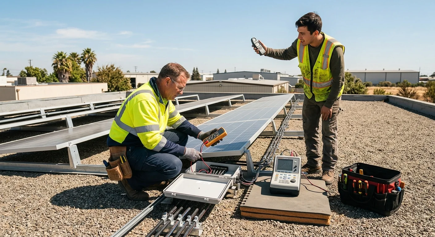Small commercial rooftop solar array undergoing performance testing after repairs